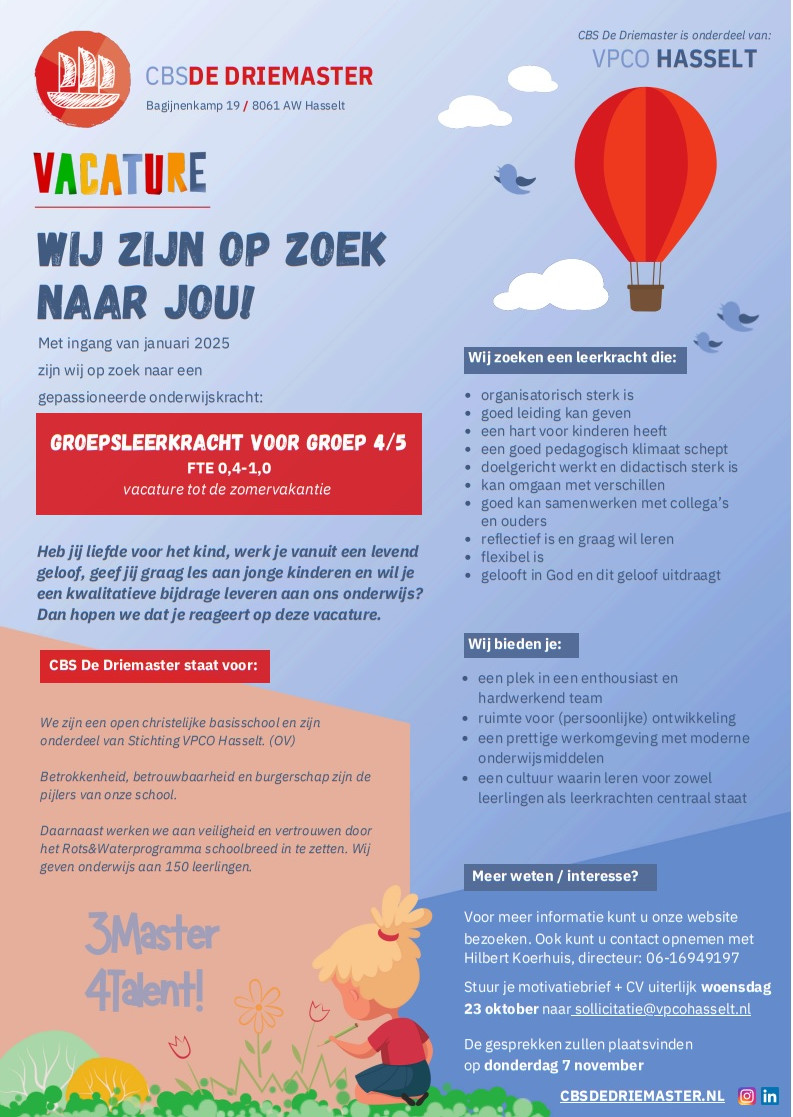 Vacature groepsleerkracht 4-5